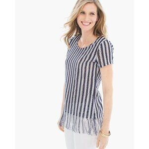 Chico's 1 Sz M Womens Striped Fringed Eyelet Lace Top Blouse Stretch Blue